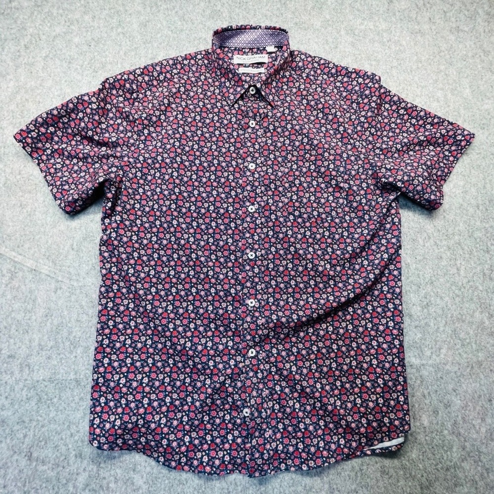 Nick Graham Button Down Mens L Stretch Floral Polyester Navy Blue Print